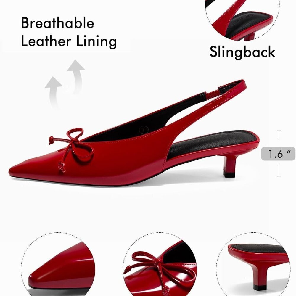Women's Synthetic Slingback Kitten Heel Shoes 1.61in Bow Tie Office Dress - Picture 4 of 5